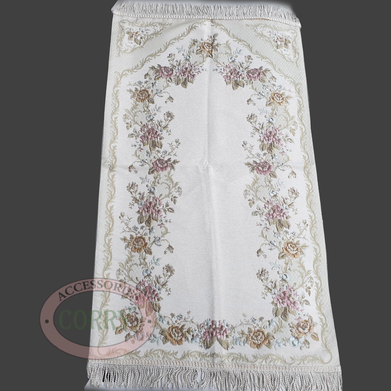 Sajadah Premium Turki Putih Krem 120 X 70 Cm Gerbang Bunga Tebal Lapis Bordir Premium Rug Pray Turky - Main view