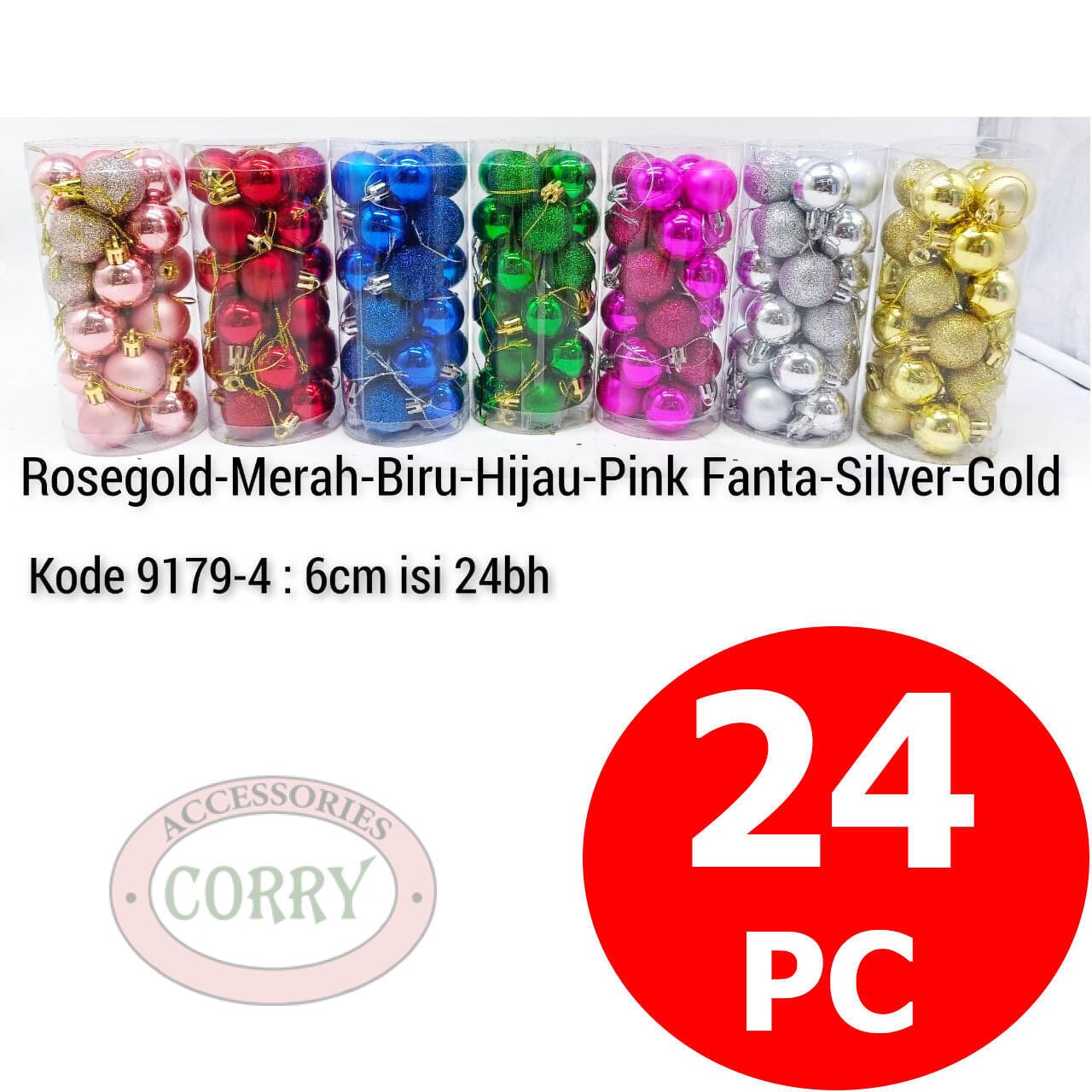 Bola Pohon Natal 6 Cm Isi 24 Pcs Emas Rose Gold Merah Pink Fuschia Silver Biru Hijau Kecil Glitter - Main view