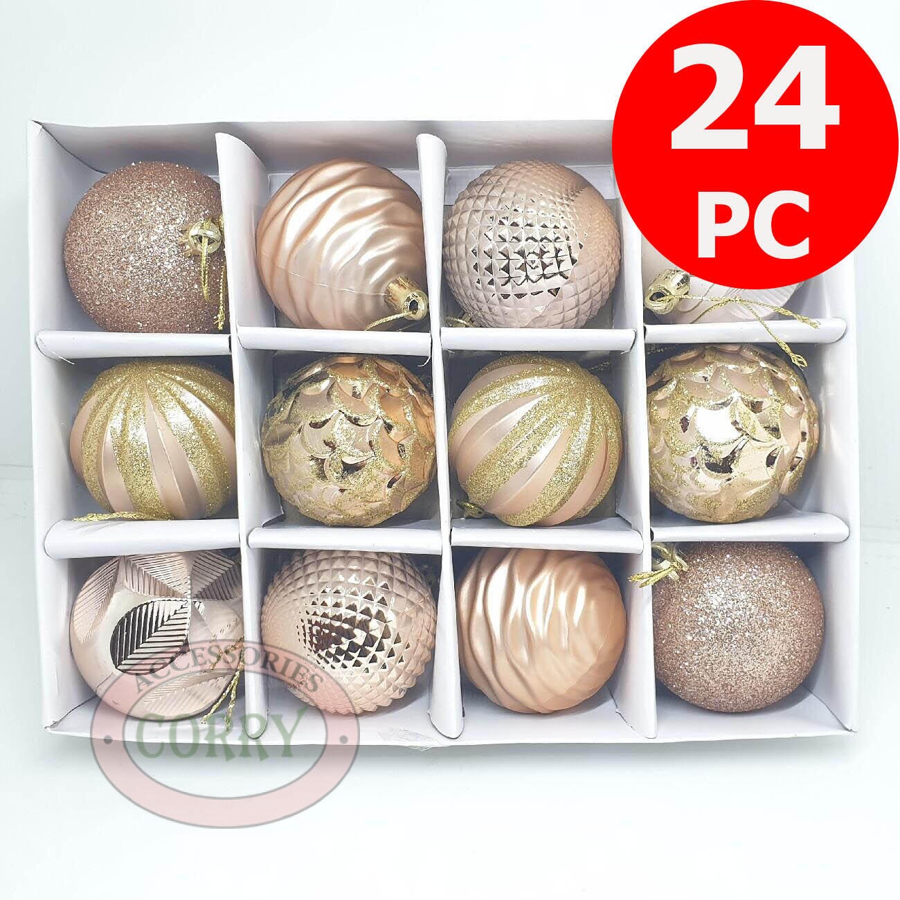 Bola Pohon Natal 6 Cm Isi 24 Pc Merah Pink Glitter Gantungan Dekorasi Glossy Mengkilap - Main view