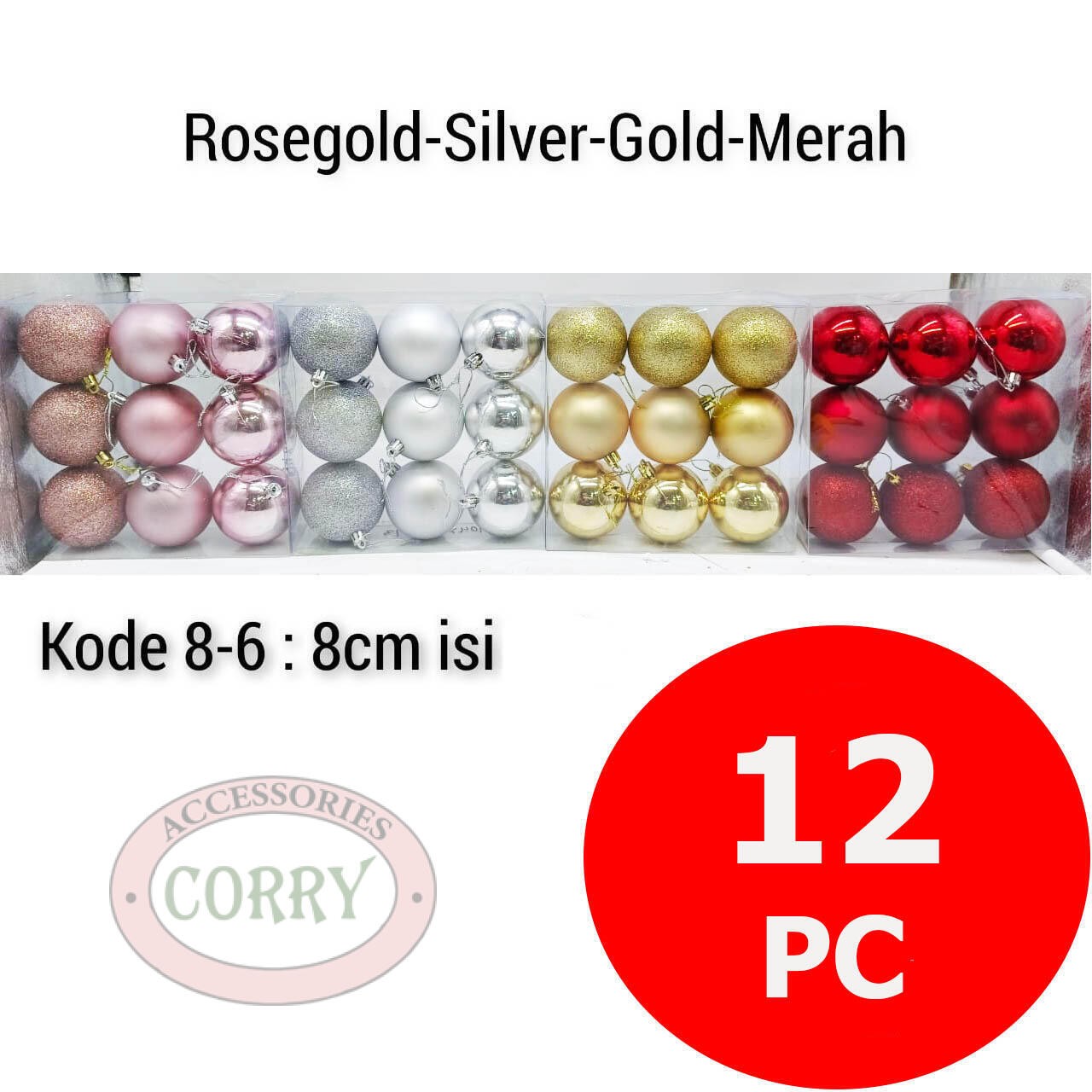 Bola Pohon Natal 8 Cm Isi 12 Pcs Besar Pink Emas Silver Merah Murah - Main view