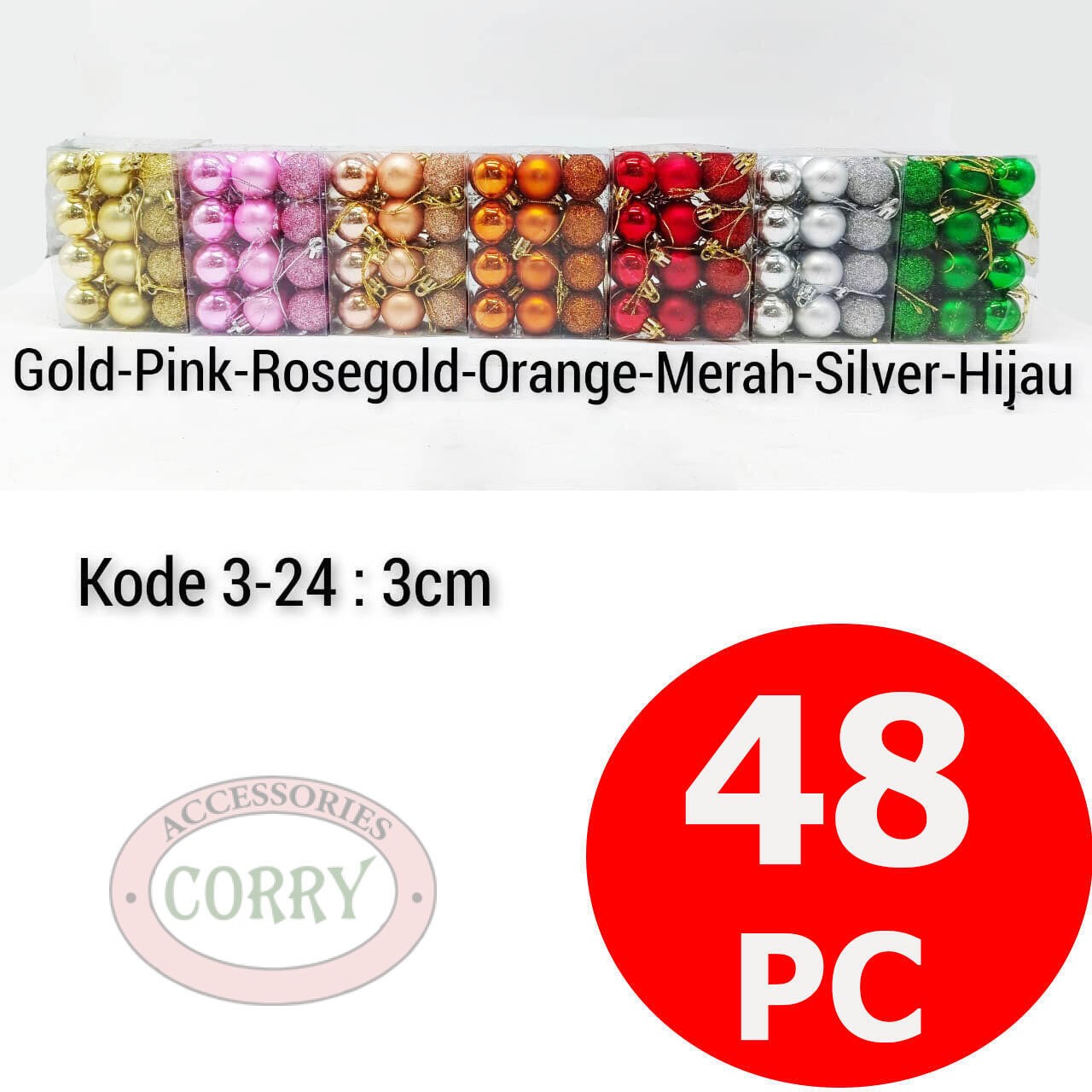 Bola Pohon Natal 3 Cm Isi 12 Pcs Emas Rose Gold Merah Pink Orange Silver Hijau Kecil Glitter - Main view
