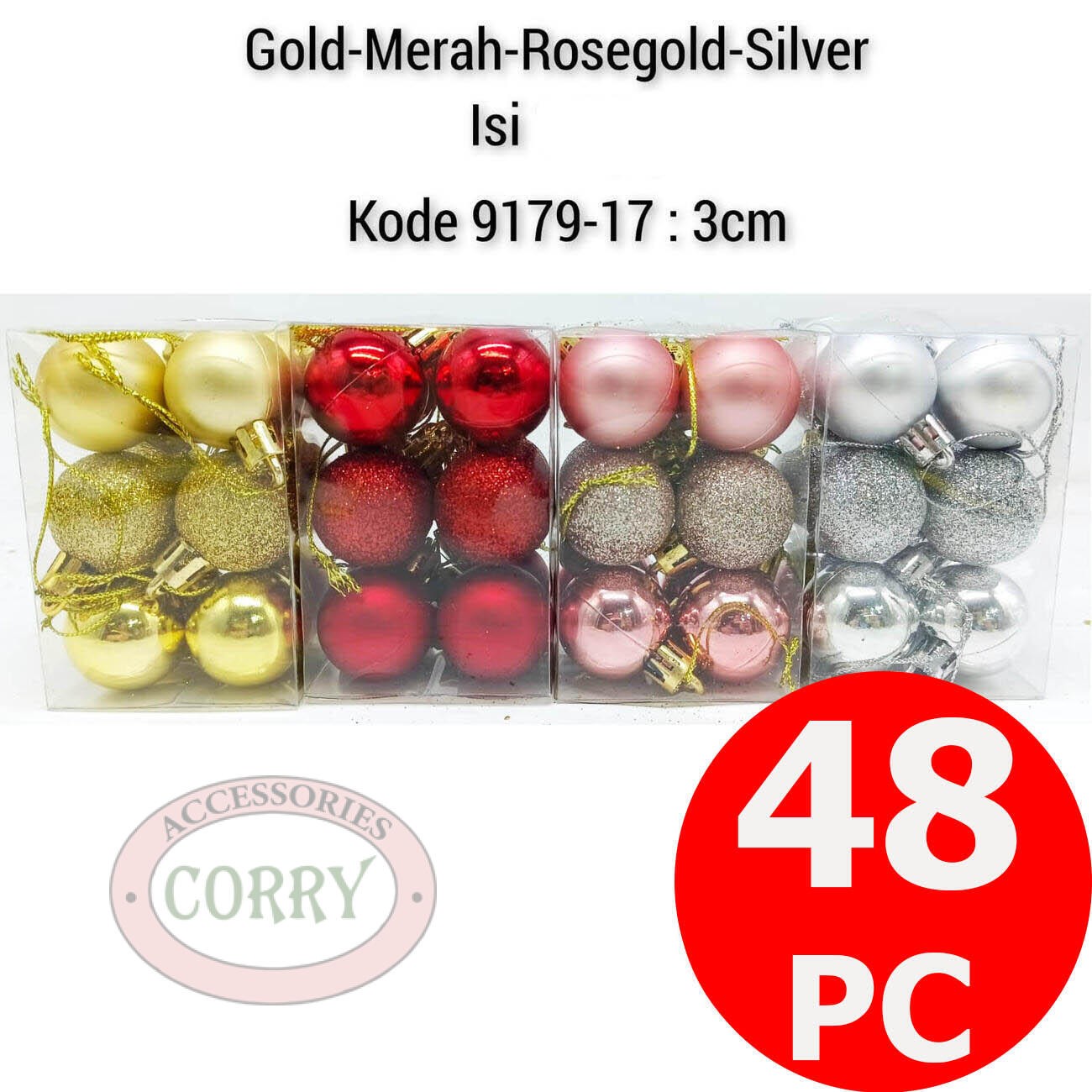 Bola Pohon Natal 3 Cm Isi 48 Pcs Emas Rose Gold Merah Pink Silver Kecil Kotak - Main view