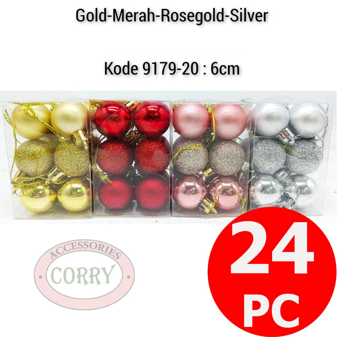 Bola Pohon Natal 6 Cm Isi 24 Pcs Emas Rose Gold Merah Pink Silver Kotak Glitter Glossy - Main view
