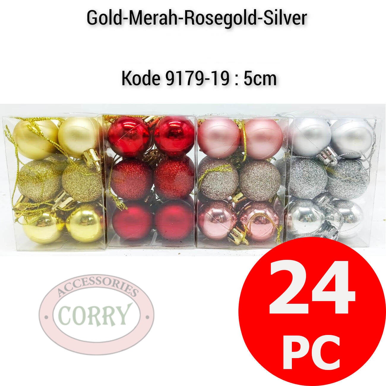 Bola Pohon Natal 5 Cm Isi 24 Pcs Emas Rose Gold Merah Pink Silver Glitter Kotak - Main view