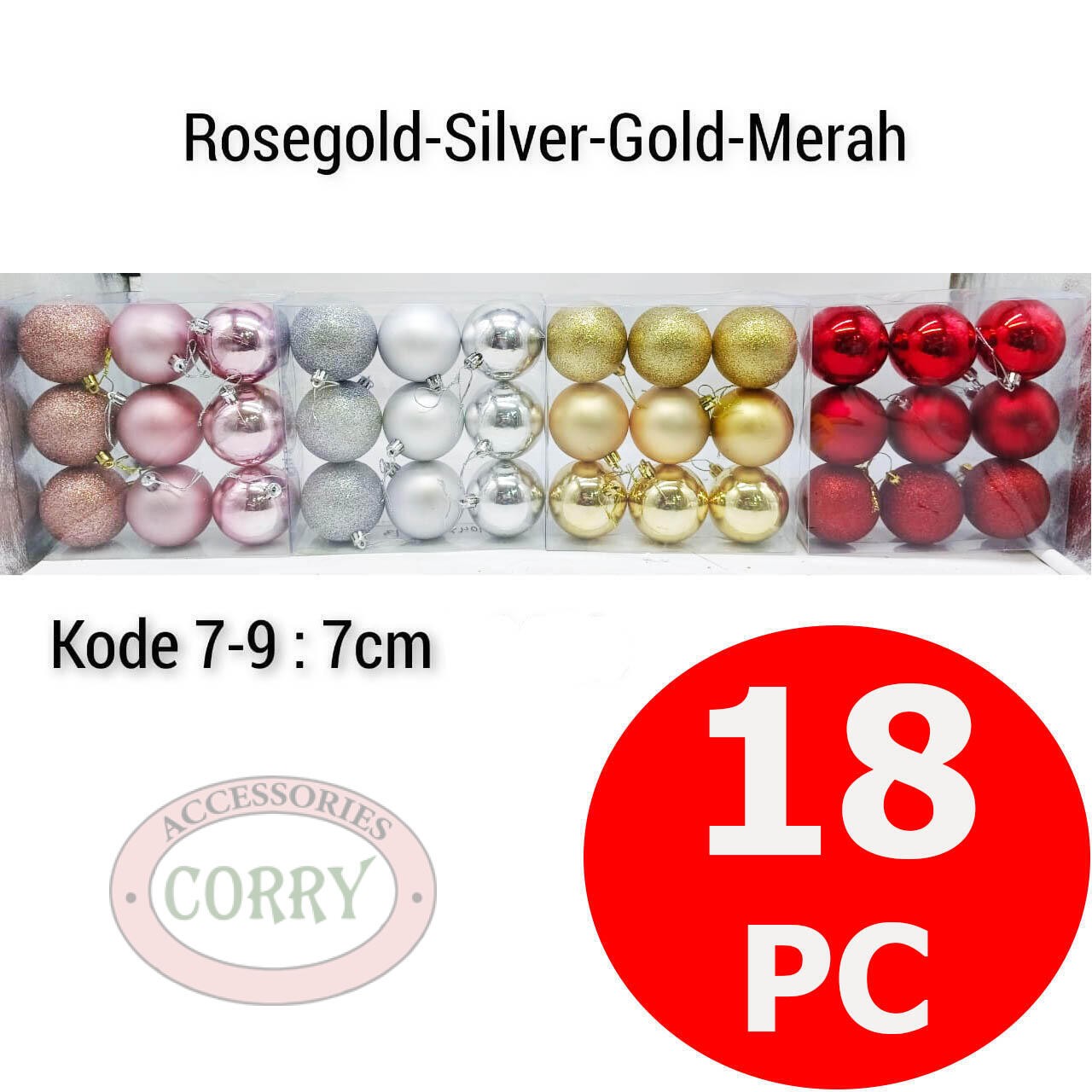 Bola Pohon Natal 7 Cm Isi 18 Pcs Besar Rose Gold Emas Silver Merah Murah Kotak - Main view