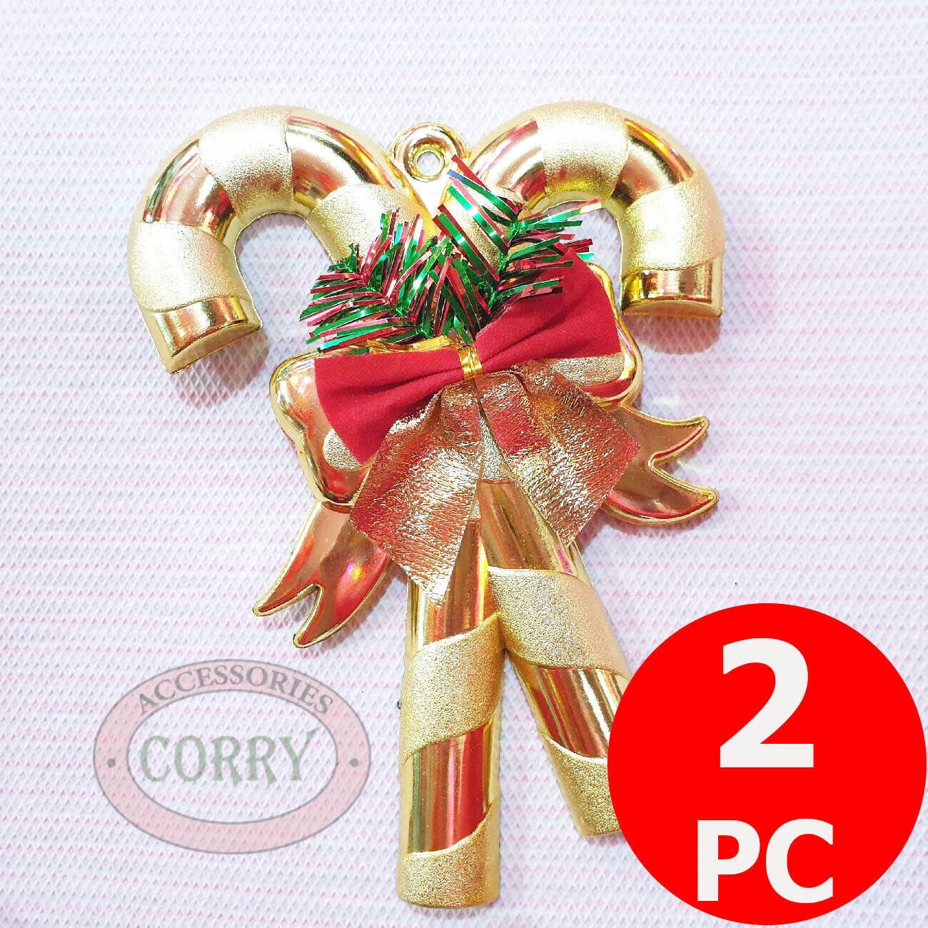Hiasan Tongkat Emas Pohon Natal 17 Cm Pita 2 Pc - Main view