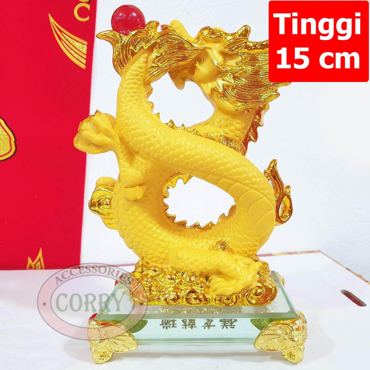 Patung Naga Kaca Emas Imlek Sincia 15 Cm Gold Resin Imlek Bola Merah - Main view