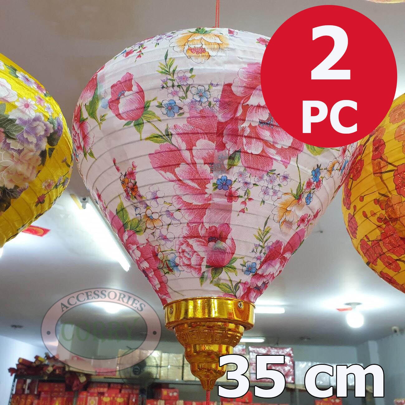 Lampion Kain Bulat Kerucut 2 PC Imlek 35 Cm Pink Bunga Dekor Restoran Mall - Main view