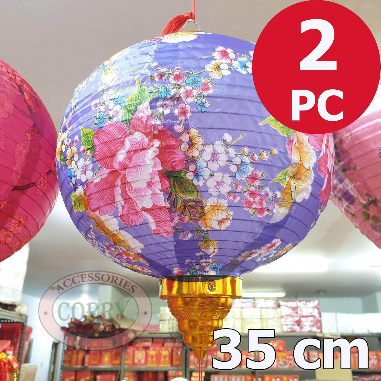 Lampion Kain Bulat 2 PC Imlek 35 Cm Pink Bunga Dekor Restoran Mall - Main view