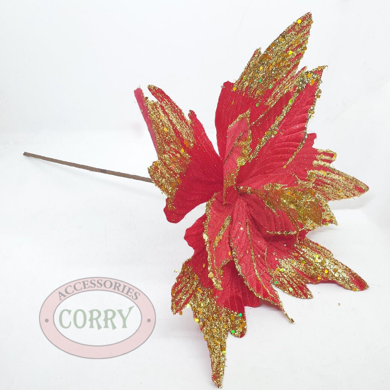 Bunga Tancap Pohon Natal Merah Gold 25 Cm Dekorasi Christmas - Main view