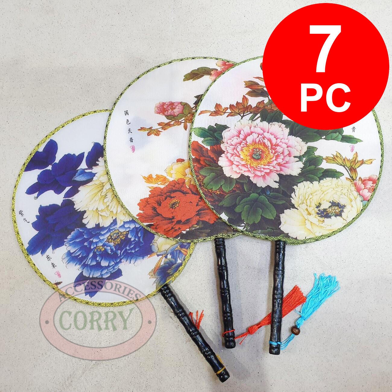 Kipas Sutra Sutera 25 Cm Imlek Hijau Biru Merah Pink Motif Print Bunga Kayu Sincia - Main view