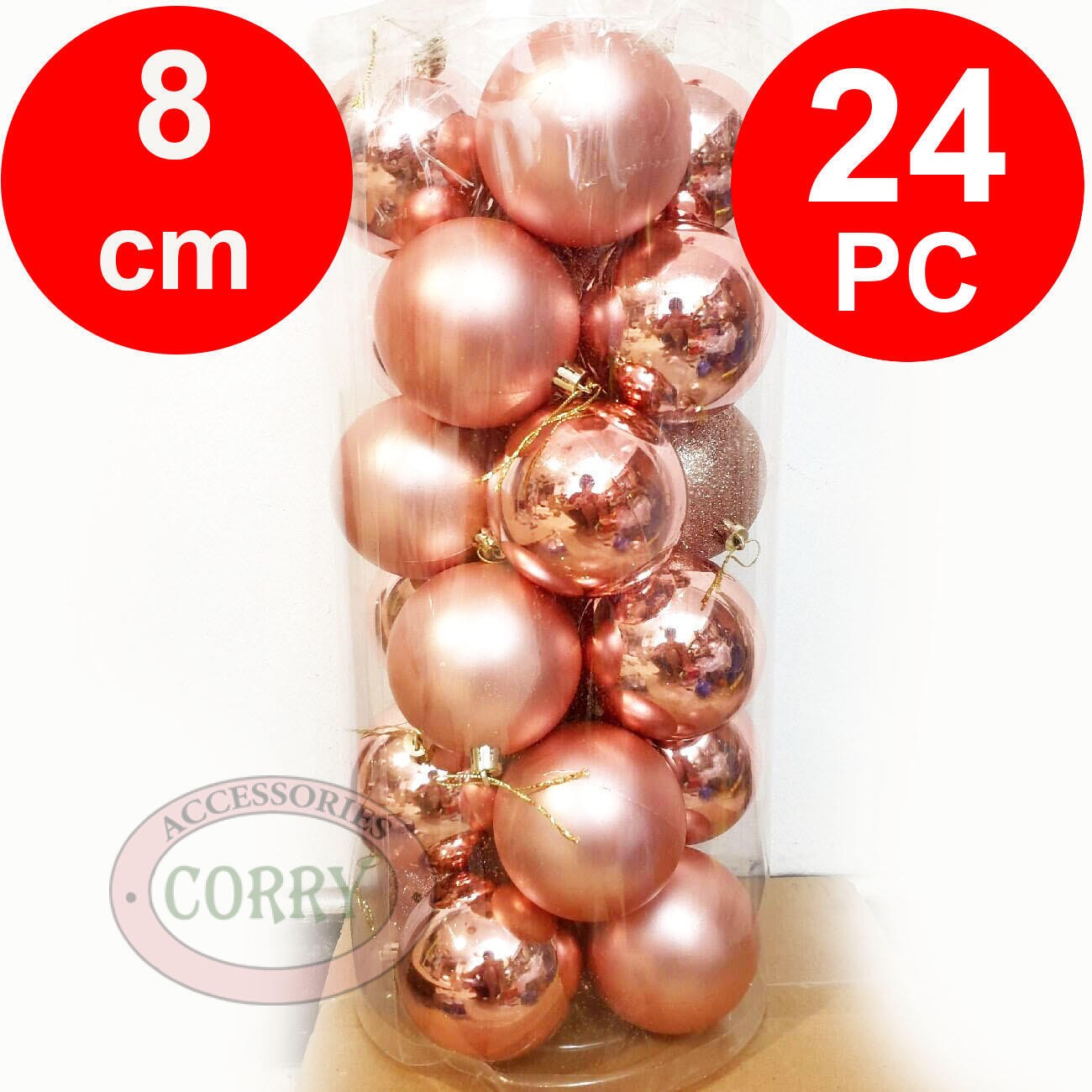 Hiasan Gantung Bola Pohon Natal 8 Cm Isi 24 Pcs Merah Ungu Pink Biru Rose Gold - Main view