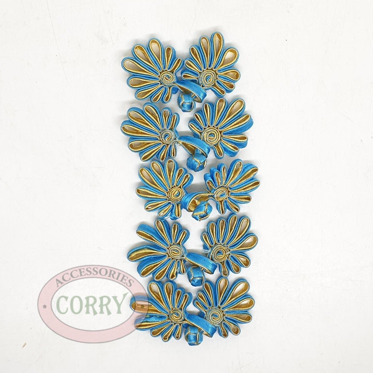 Kancing Baju Cheongsam Biru Muda Emas 5 Set Pasang Bunga Imlek - Main view
