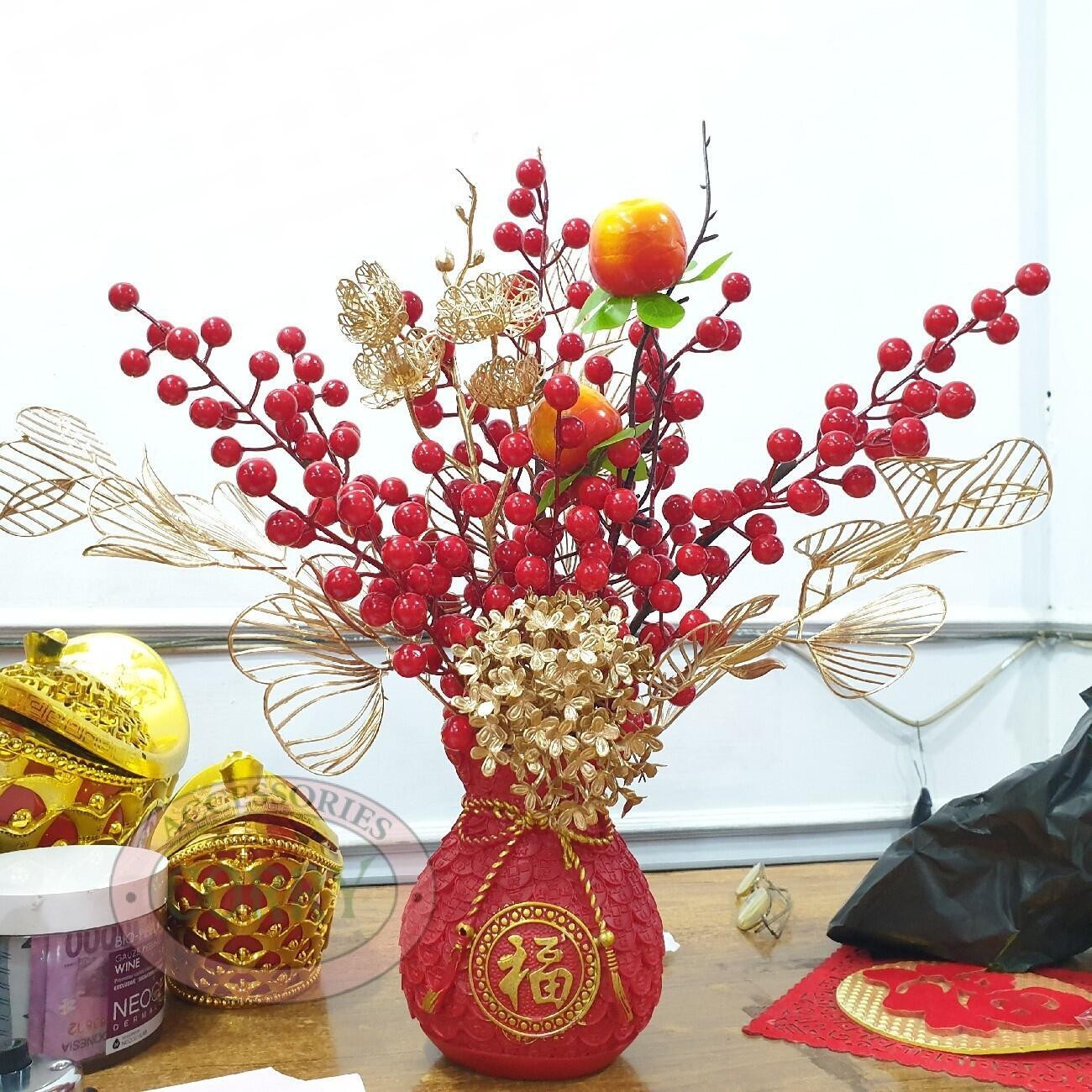 Pot Bunga Imlek Sincia Cherry Merah Emas 45 Cm Resin Dekorasi Meja Tamu - Main view