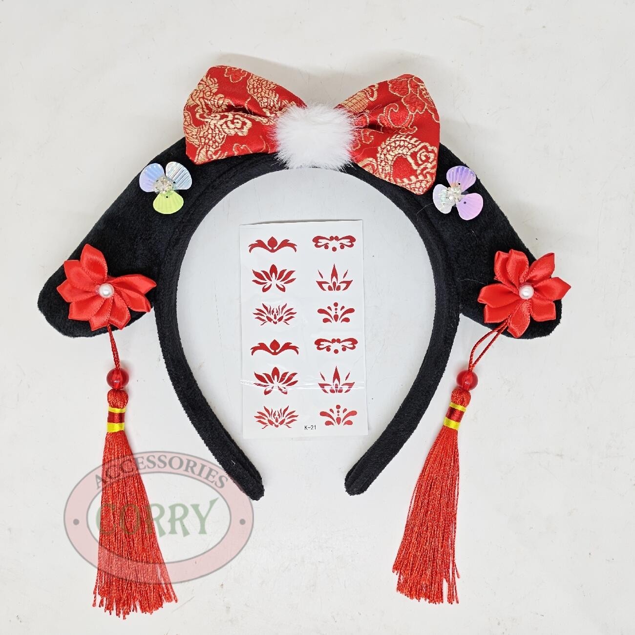Bando Imlek Cosplay Putri Huan Huang Zhu Cina Bunga Hitam Merah Pink Sincia - Main view