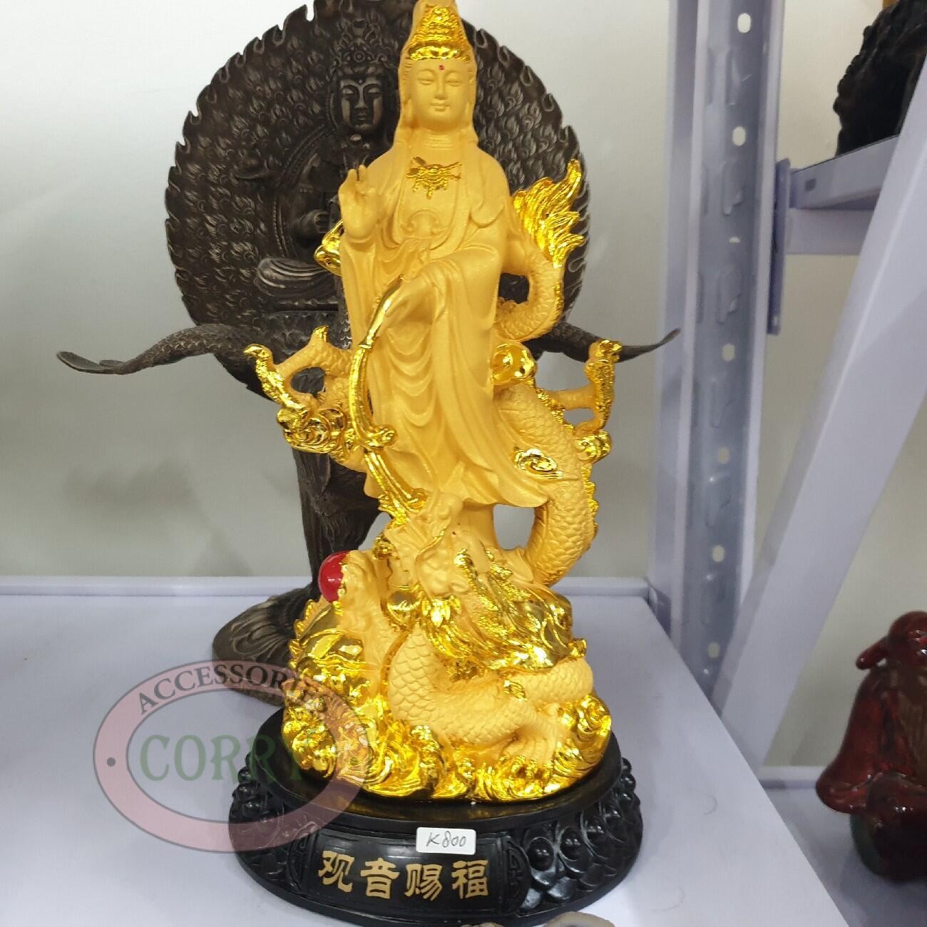 Patung Dewi Kwan Im Naga Emas 30 Cm Liong Resin Kayu Imlek Sincia - Main view