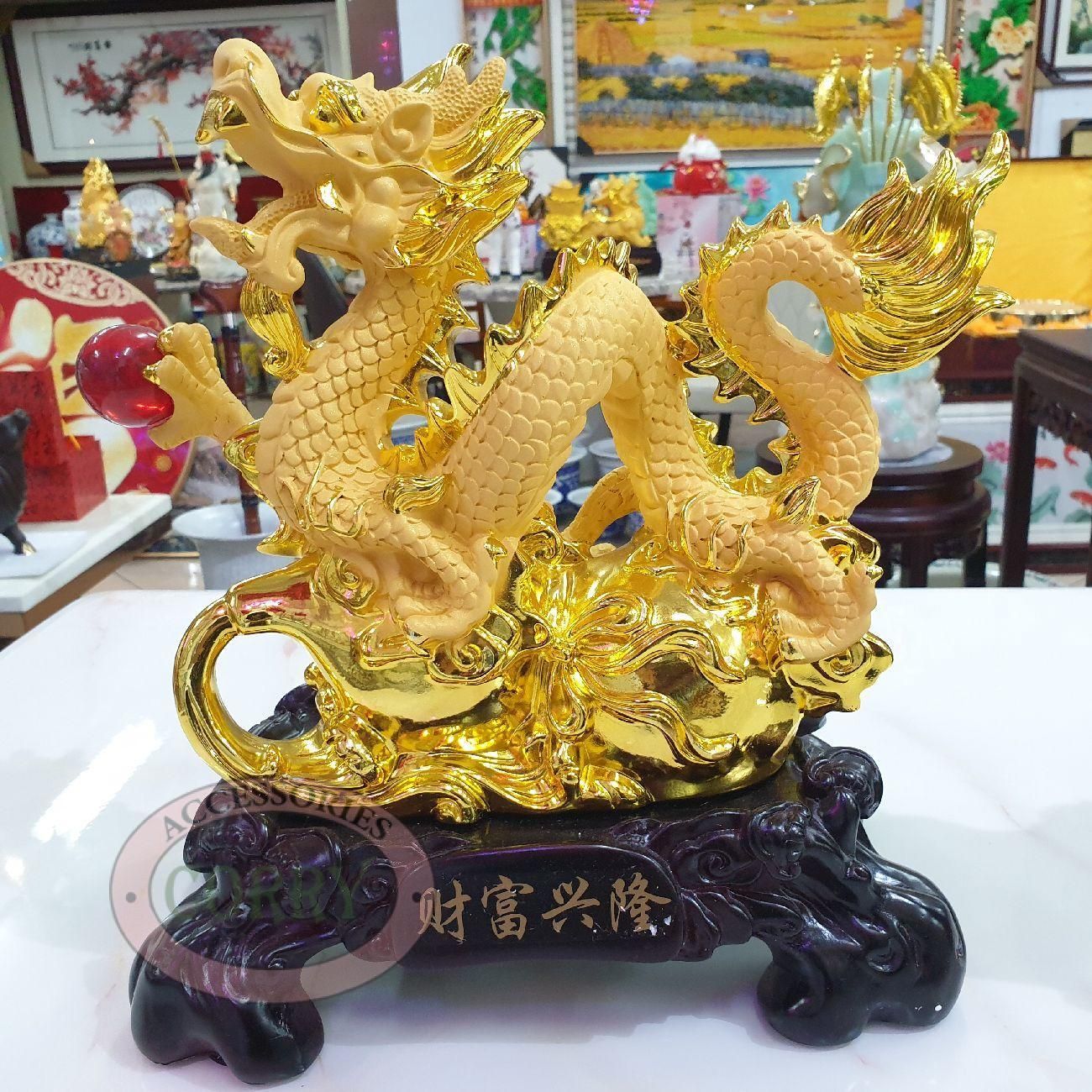 Patung Naga Emas Kayu Gold Imlek 34 Cm Resin Kayu Hoki Imlek Sincia - Main view