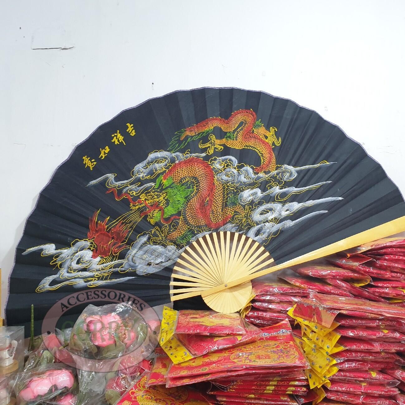 Kipas Besar Hitam Naga Dekorasi Ruangan 90 Cm Imlek Cina Sincia Kayu - Main view