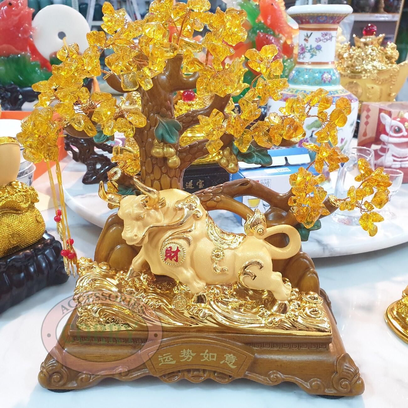 Patung Kerbau pohon emas Gold 25 Cm Kaca Resin Pajangan Meja - Main view