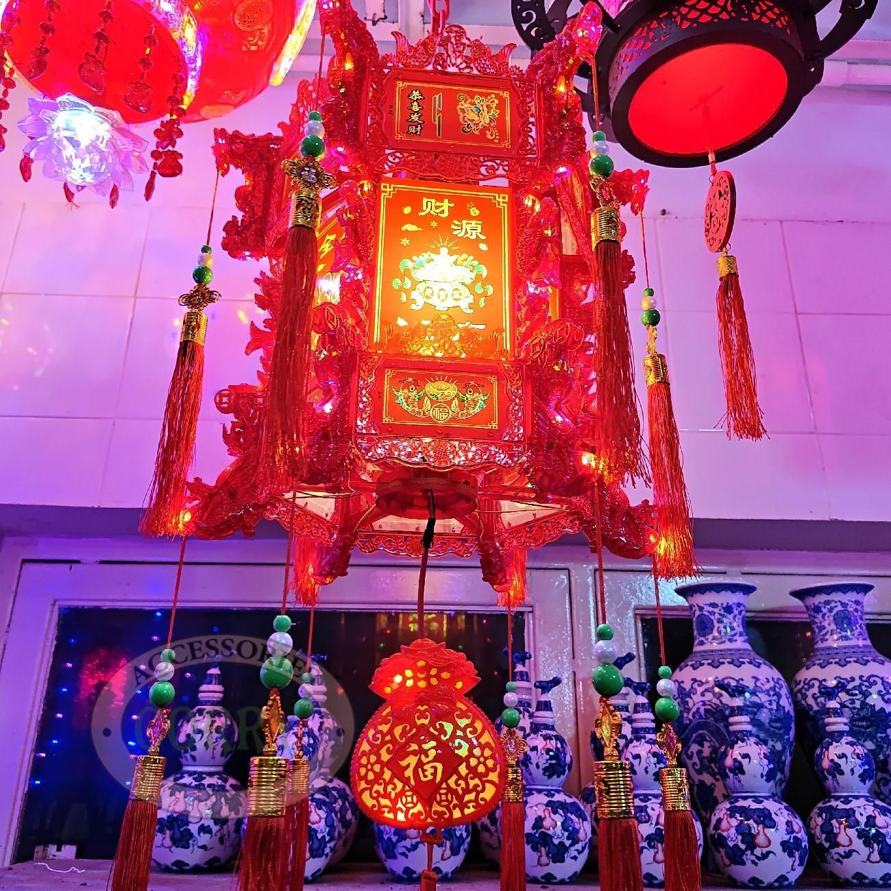 Lampion Lampu Putar 40 Cm Merah Imlek Segi 6 Dekorasi Restoran Mall - Main view