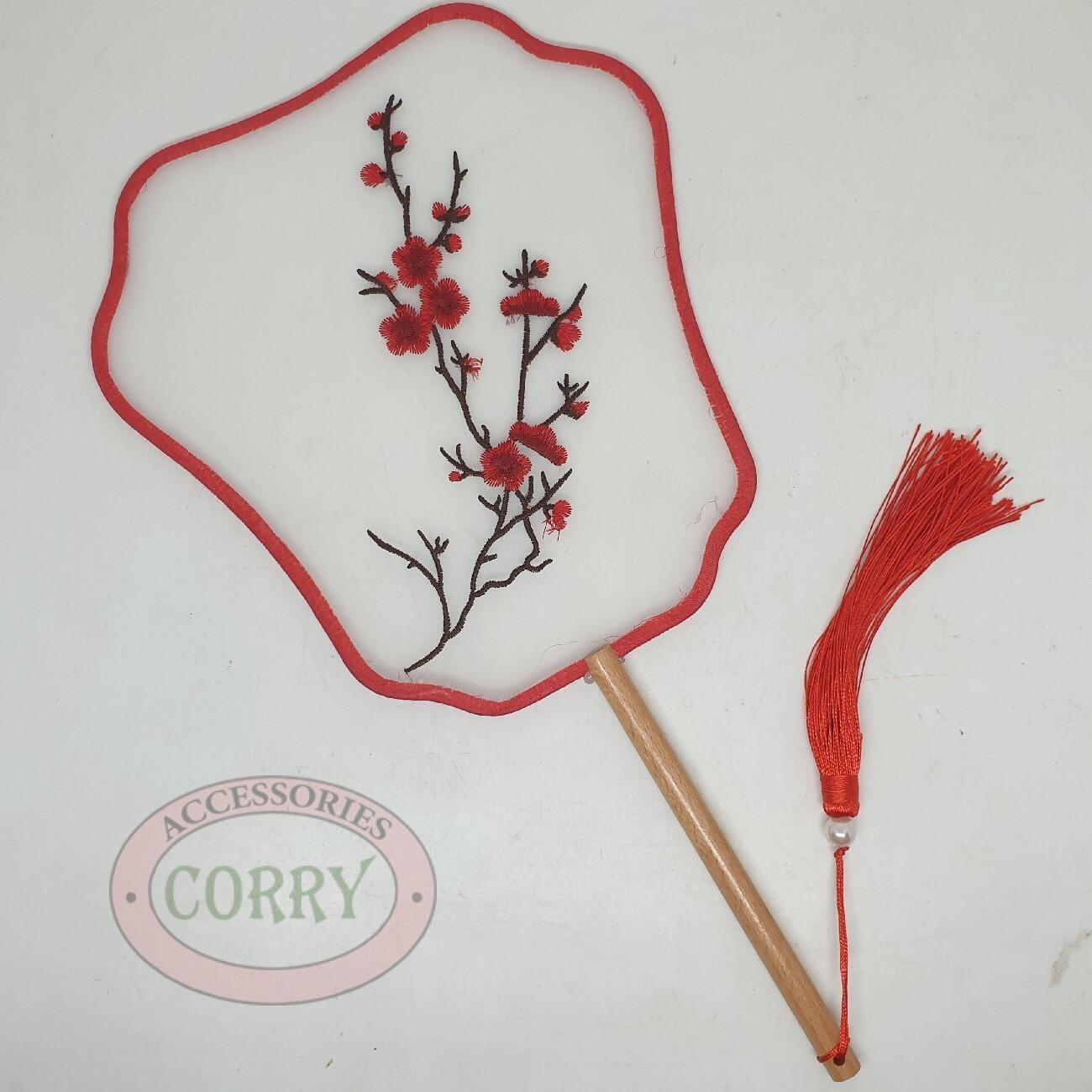 Kipas Sutra Bordir 30 Cm Imlek Hijau Biru Bunga Kayu Sincia Cina CNY - Main view