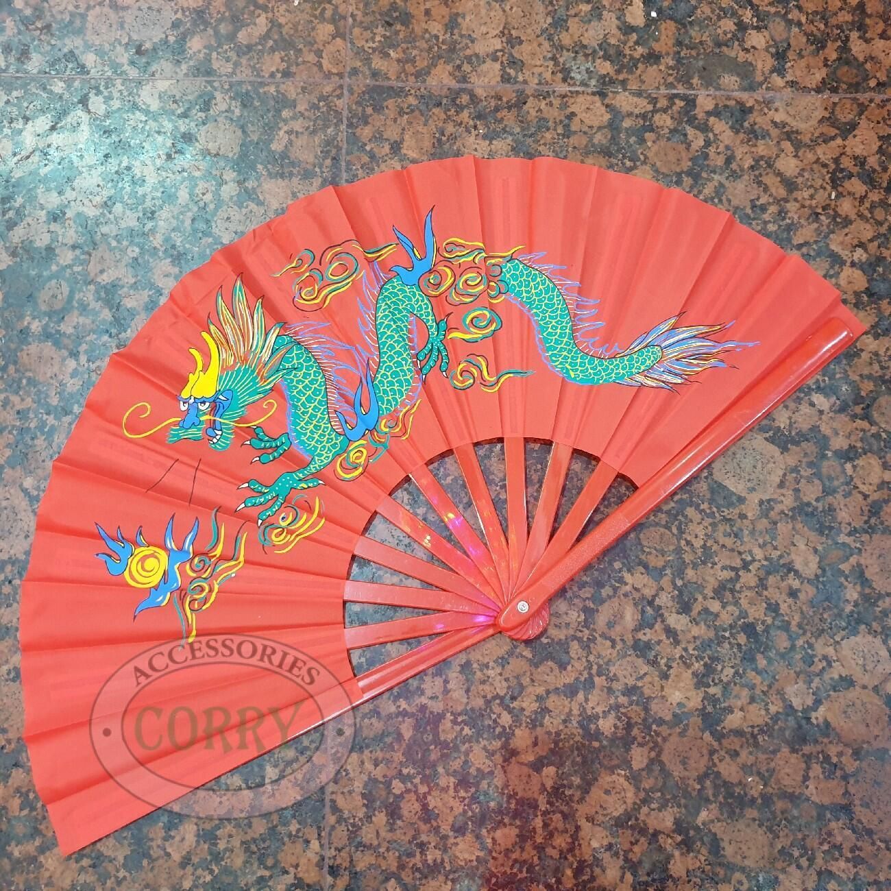 Kipas Plastik Kain Kuning Merah Hijau Naga 30 Cm Polos Imlek Pentas Seni Tari - Main view