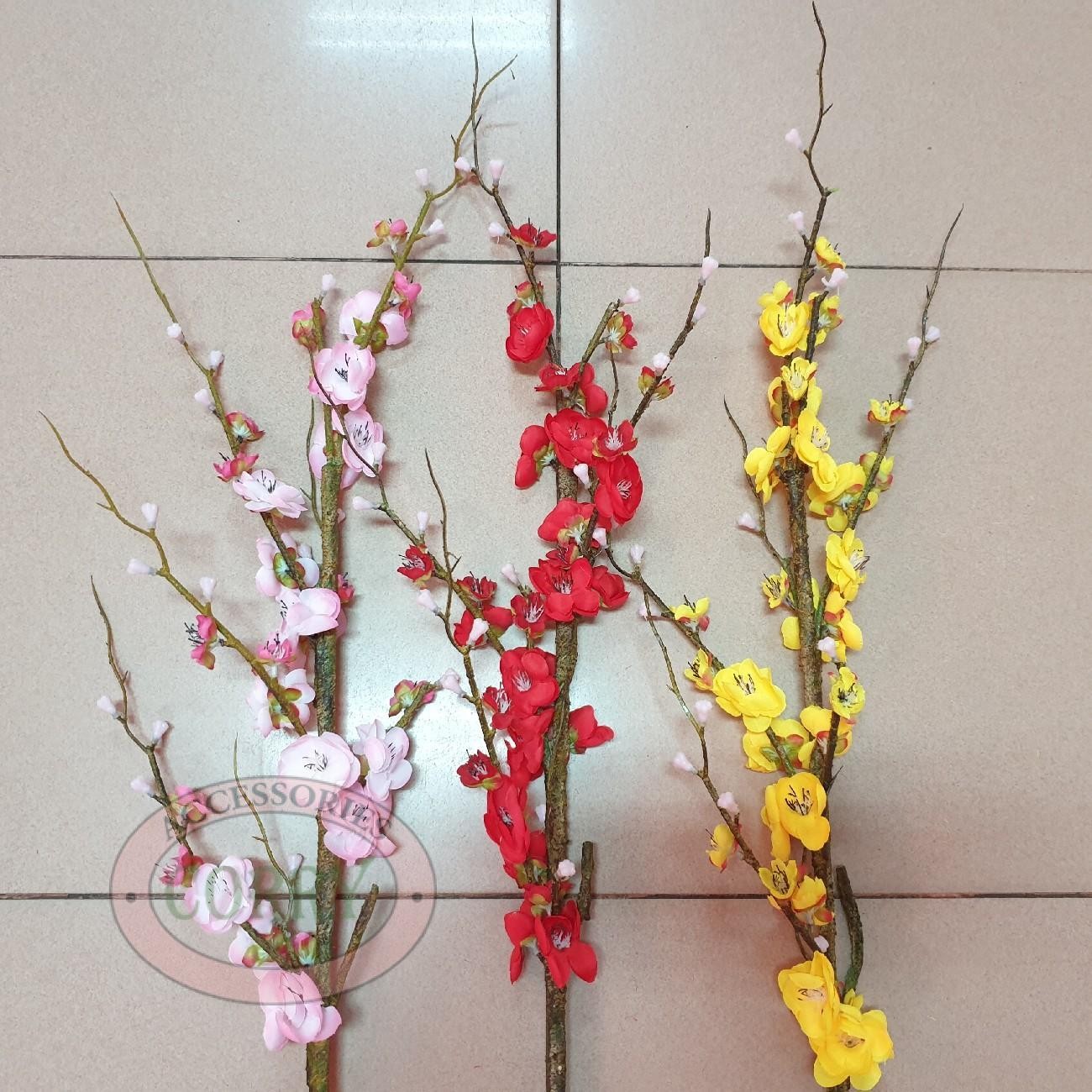 Bunga Imlek Sakura Pink Merah Kuning 1 Meter Batang Coklat Meihwa Rangkai Dekorasi Tandus Sincia - Main view