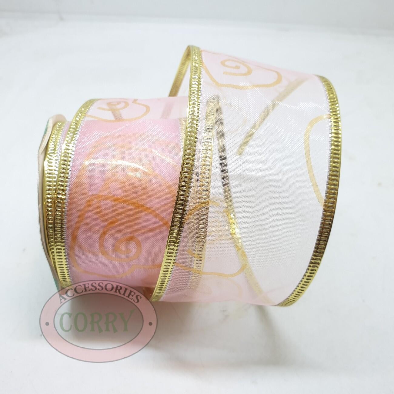 Pita Ribbon Pink Emas Muda Kawat Transparant Natal 5 Cm Hias Dekorasi Hampers 2.7m - Main view