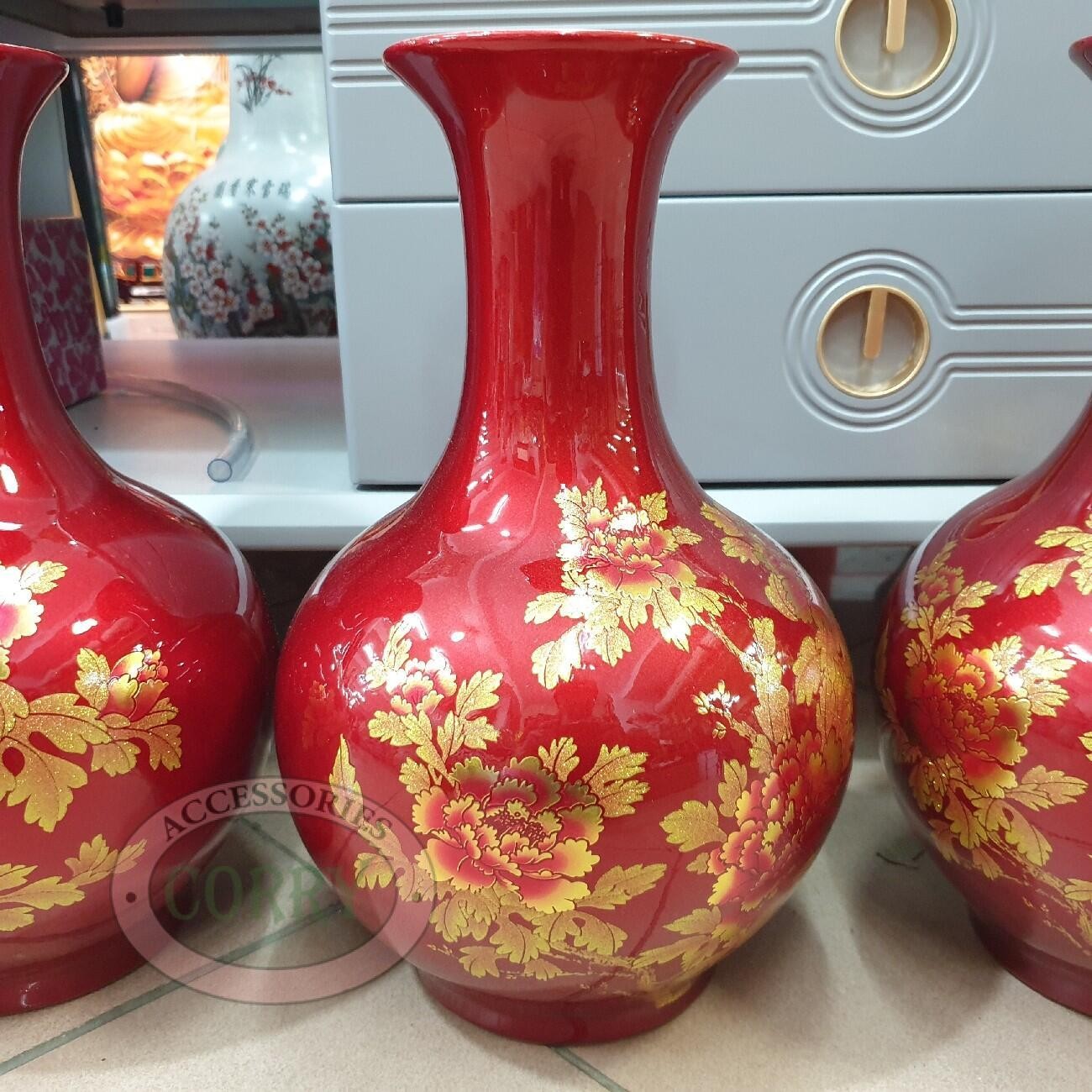 Vas Bunga Keramik Merah Maroon 40 Cm Bunga Sakura Putih Burung Imlek Sincia - Main view