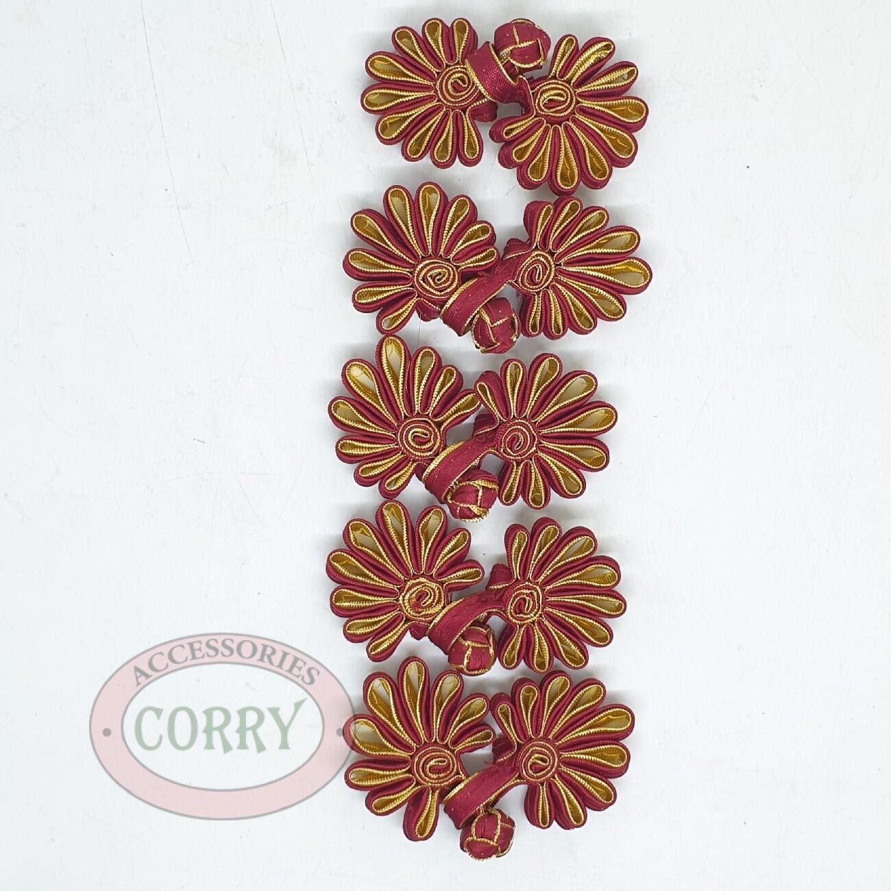 Kancing Cheongsam Maroon Emas Gold Perempuan Kain Bunga 5 Set - Main view